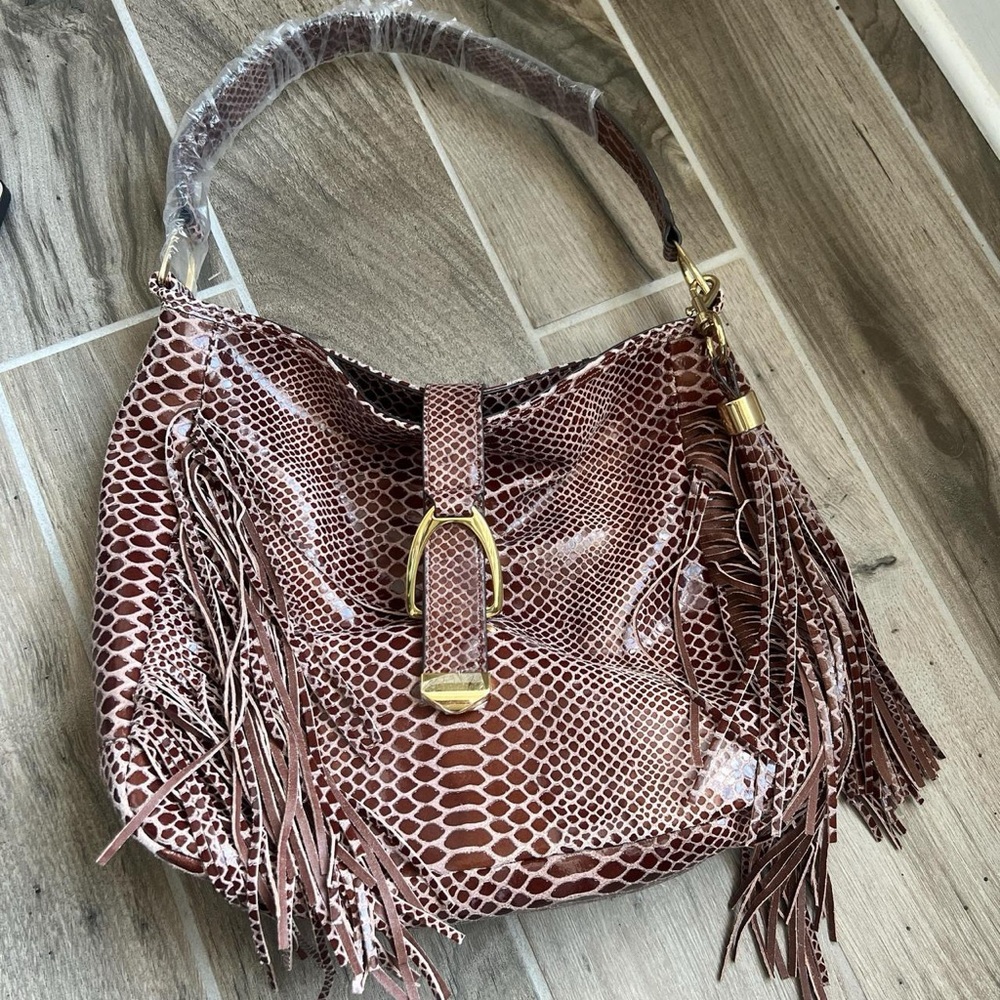 Fringe Leather Hobo Bag Brown Snake Print Stirrup GILI